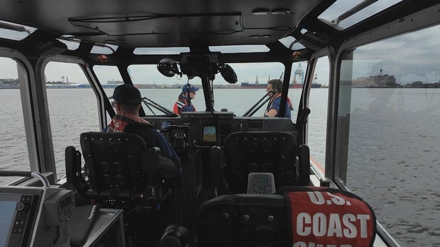 Inside view of Coast Guard boat on the Delaware River near Philadelphia 