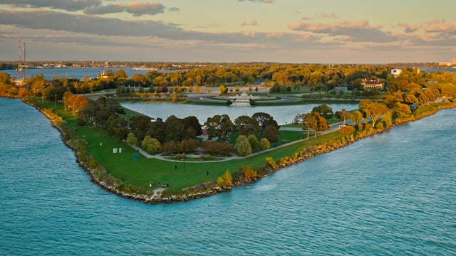Aerial Shot of Belle Isle in Detroit, MI at Sunset 
