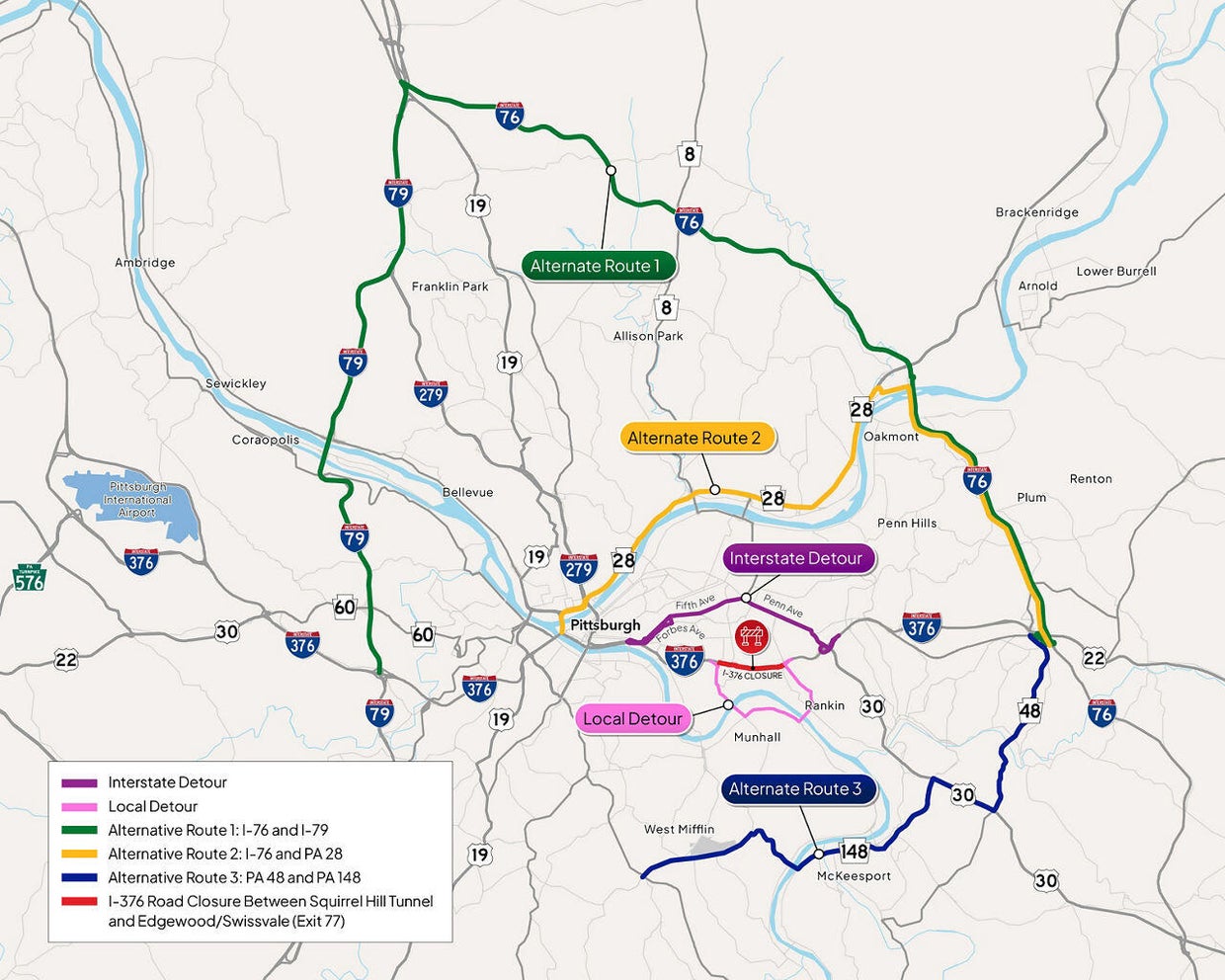 Maps show 376 closure detours for Parkway East project - CBS Pittsburgh