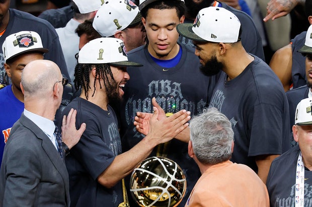 Jalen Brunson #11 and Karl-Anthony Towns #32 of the New York Knicks celebrate after the victory against the San Antonio Spurs in Game Five of the 2026 NBA Finals at Frost Bank Center on June 13, 2026 in San Antonio, Texas.