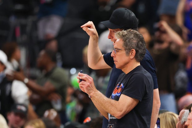 Ben Stiller records a video during the second quarter in Game Five of the 2026 NBA Finals between the San Antonio Spurs and the New York Knicks at Frost Bank Center on June 13, 2026 in San Antonio, Texas.