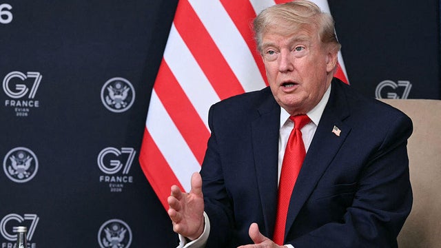 President Trump delivers remarks during a bilateral meeting with the United Arab Emirates president at the G7 summit in Evian, France, on June 16, 2026. 