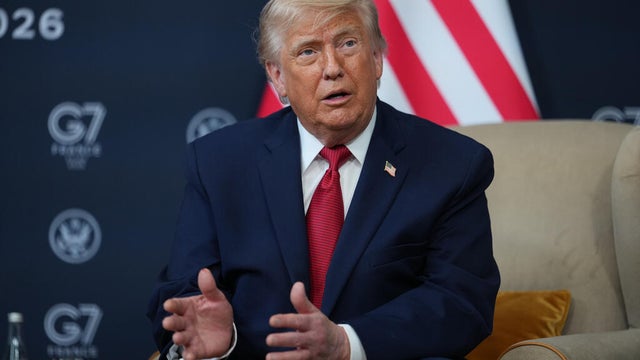 President Trump delivers remarks during a bilateral meeting with the United Arab Emirates president at the G7 summit in Evian, France, on June 16, 2026. 