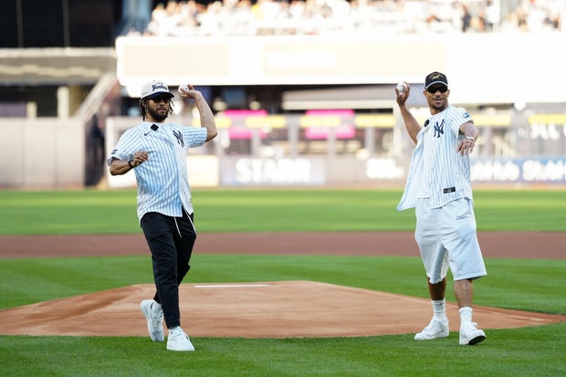 Jalen Brunson and Josh Hart throw the ceremonial first pitch prior to the game between the Chicago White Sox and the New York Yankees at Yankee Stadium on Wednesday, June 17, 2026 in New York, New York.