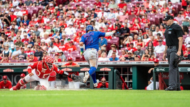 Bo Bichette #19 of the New York Mets scores a run in the third inning during the game between the New York Mets and the Cincinnati Reds at Great American Ball Park on Wednesday, June 17, 2026 in Cincinnati, Ohio. 