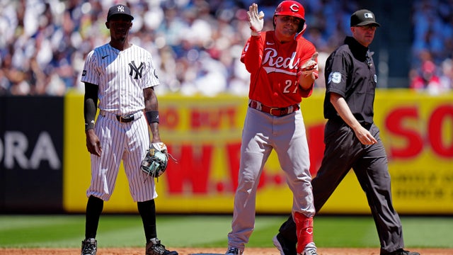 Sal Stewart #27 of the Cincinnati Reds reacts to an RBI double during the game between the Cincinnati Reds and the New York Yankees at Yankee Stadium on Saturday, June 20, 2026 in New York, New York. 