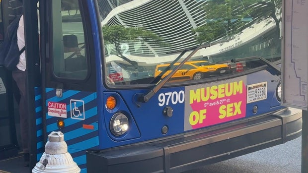 A Museum of Sex ad on the front of a New York City bus on June 24, 2026 
