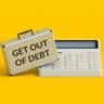 Get out of debt words on suitcase. Credit repayment and restructuring. Release from the obligation to pay loan. Mortgage cancellation. Financial concept. 3d render 