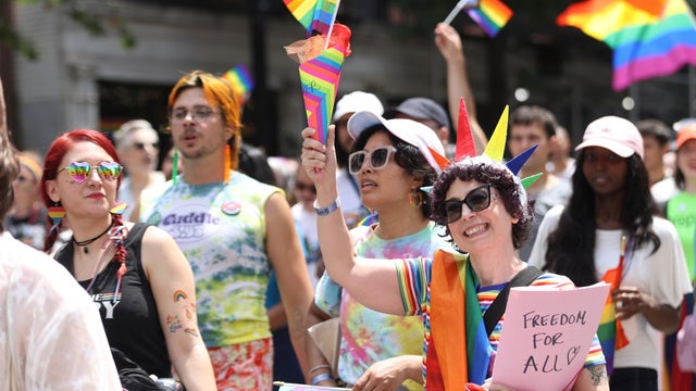 Marchers in pride colors during the 2025 New York City Pride March on June 29, 2025 in New York City. 