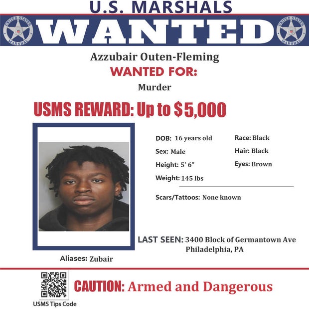 Wanted poster from the United States Marshals Service for Azzubair Outen-Fleming, reward up to $5,000