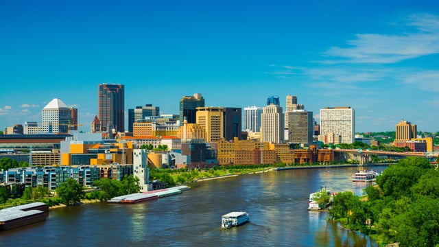 Saint Paul, MN skyline and river 