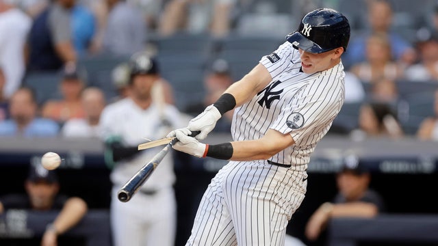 Ben Rice #22 of the New York Yankees breaks his bat as he lines out during the first inning against the Minnesota Twins at Yankee Stadium on July 03, 2026 in New York City. 