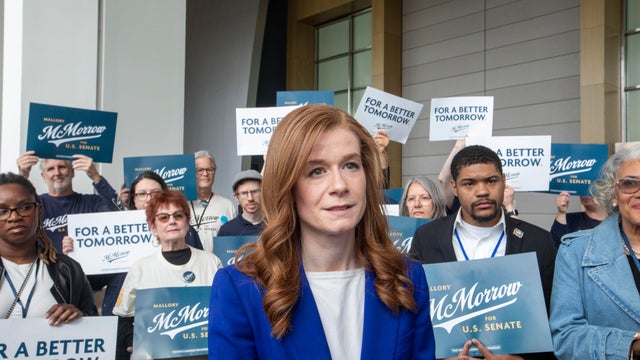Mallory McMorrow, a candidate for U.S. Senate, campaigns at the Michigan Democratic Nominating Convention. 