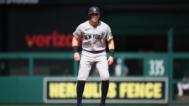 New York Yankees' Ben Rice takes a lead from first base during the first inning of a baseball game against the Washington Nationals, Saturday, July 11, 2026, in Washington. 