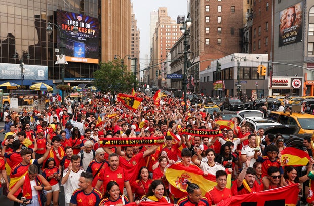 Fans of Spain show support to their team ahead of the FIFA World Cup 2026 Final Match against Argentina on July 18, 2026 in New York City.
