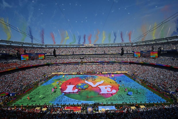 Fireworks explode during the halftime show of the 2026 World Cup football tournament final match between Spain and Argentina at the New York/New Jersey Stadium in East Rutherford on July 19, 2026.