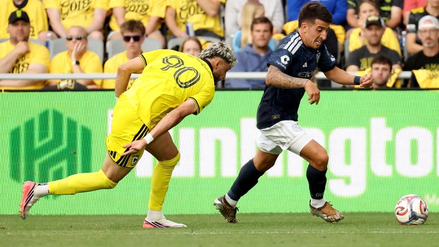 Nicolas Fernandez #7 of New York City FC moves the ball up the pitch away from Nariman Akhundzada #90 of the Columbus Crew during the first half of the match at ScottsMiracle-Gro Field on July 22, 2026 in Columbus, Ohio. 