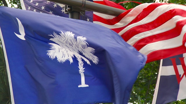 Patriotic display of US and South Carolina flags 