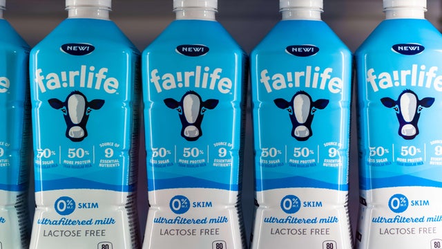 Fairlife lactose free milk bottles in a grocery store shelf 