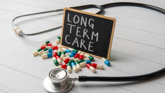 A chalkboard with the words LONG TERM CARE surrounded by scattered pills and a stethoscope. 