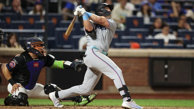 Kyle Stowers #28 of the Miami Marlins connects for his sixth inning solo home run against the New York Mets at Citi Field on July 31, 2026 in New York City. 
