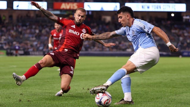 Nicol&aacute;s Fern&aacute;ndez #7 of the New York City Football Club dribbles while defended by Niklas Dorsch #6 of the Toronto FC during the second half at Yankee Stadium on July 31, 2026 in New York, New York. 