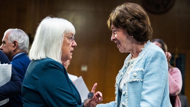 Sen. Susan Collins, right, and Sen. Patty Murray prepare for a Senate Appropriations Committee markup on July 10, 2025. 