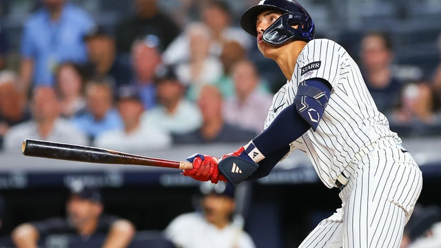 George Lombard Jr #96 of the New York Yankees hits a home run in his second Major League at bat during the fifth inning of the game against the St. Louis Cardinals on August 4, 2026 at Yankee Stadium in the Borough of the Bronx, New York. 
