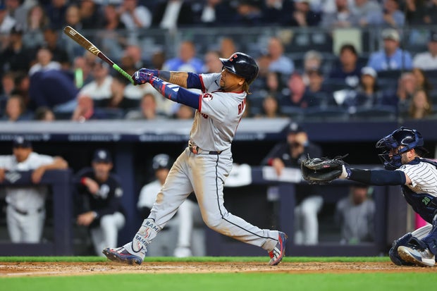 José Ramírez #11 of the Cleveland Guardians loses his bat and it goes into the stands during the game against the New York Yankees on June 2, 2026 at Yankee Stadium in the Bronx borough of New York City.