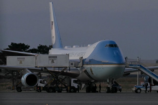 Air Force One parked on the tarmac in Ankara, Turkey, before Trump's departure 