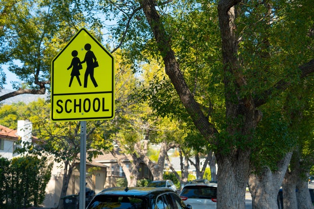 Bright yellow school crossing sign with children silhouette and text 'SCHOOL' on a sunny day