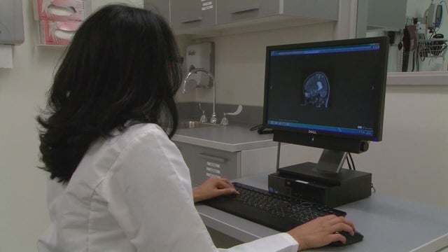 A researcher looks at an image of a brain on her computer screen 