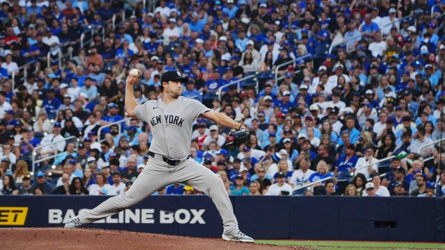 Gerrit Cole #45 of the New York Yankees pitches during the game between the New York Yankees and the Toronto Blue Jays at Rogers Centre on Friday, August 14, 2026 in Toronto, Ontario, Canada. 