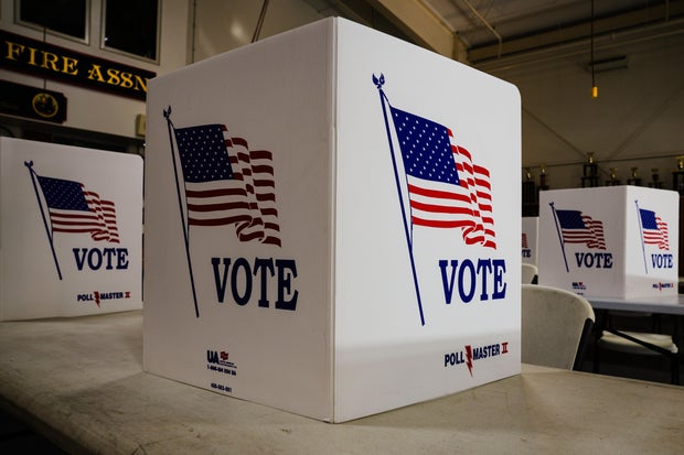 Voting booths are set up at a polling place in Newtown, Pennsylvania, on Tuesday, April 23, 2024.