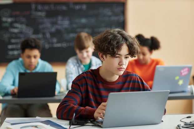 Boy using laptop computer in class during programming lesson