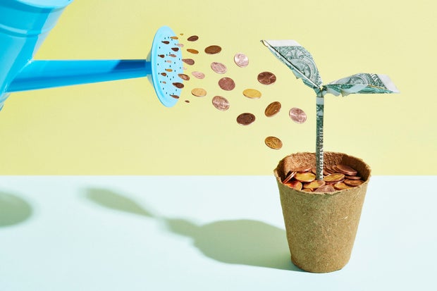 Origami dollar seedling being watered with coins 