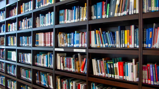 Reference books on the library shelving 