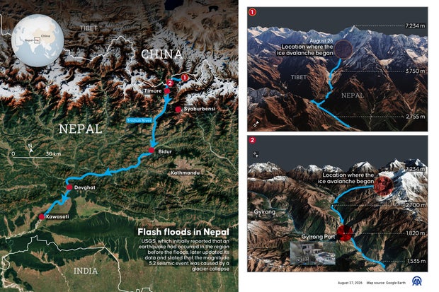 A map shows where the flash flood happened in Nepal on Aug. 26, 2026. 