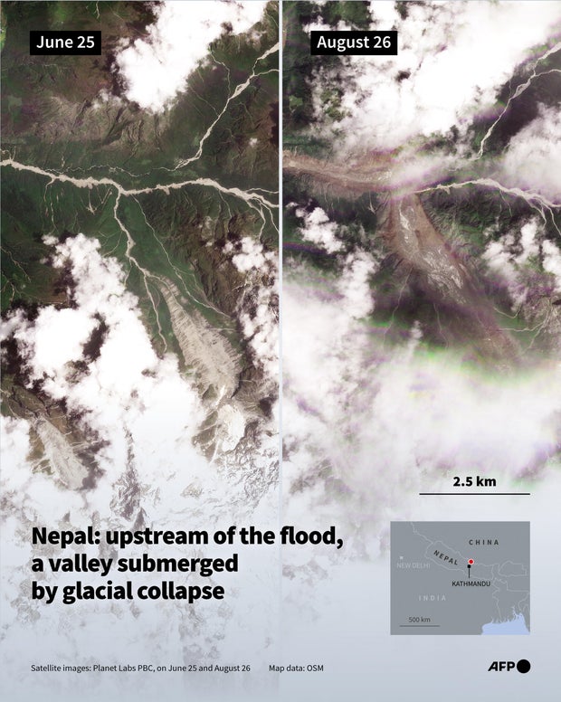 Satellite images show a valley of the Langtang Lirung mountain peak in Nepal on June 25, 2026, and Aug. 26, 2026, when devastating flooding struck the country. 