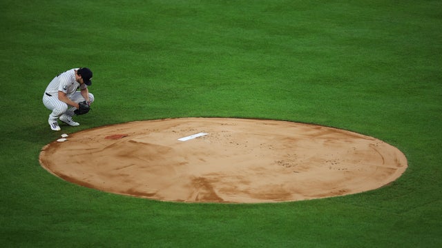 Gerrit Cole #45 of the New York Yankees looks on before the game against the Houston Astros at Yankee Stadium on August 27, 2026 in New York, New York. 