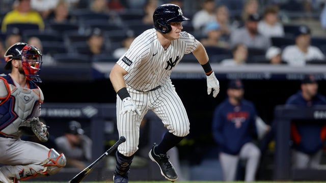 Ben Rice #22 of the New York Yankees follows through on his third inning RBI single against the Boston Red Sox in game two of the doubleheader at Yankee Stadium on August 29, 2026 in New York City. 