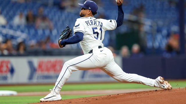 Freddy Peralta #51 of the Tampa Bay Rays throws against the New York Mets during the first inning of a baseball game at Tropicana Field on September 1, 2026 in St. Petersburg, Florida. 
