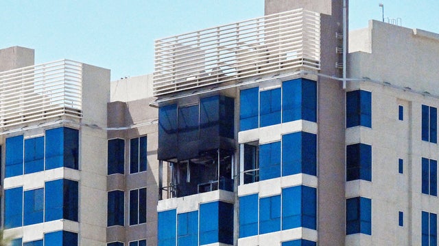 Damage to a residential building following what Kuwaiti authorities said was an Iranian drone attack is seen in Kuwait City, Sept. 3, 2026. 