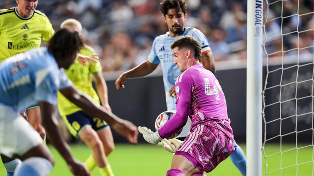 Matt Freese #49 of the New York City Football Club stops the shot on goal during the Major League Soccer against the Nashville SC match at Yankee Stadium on September 4, 2026 in New York, New York. 