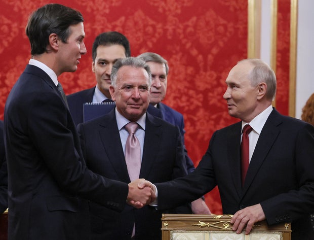 Russian President Vladimir Putin greets Jared Kushner and Steve Witkoff in Moscow on Saturday, Sept. 5, 2026.