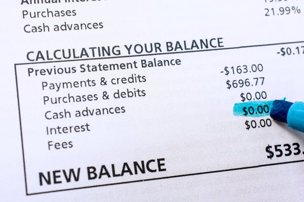 Credit card statement showing no interest or fees on Balance Credit card statement showing no interest or fees on Balance