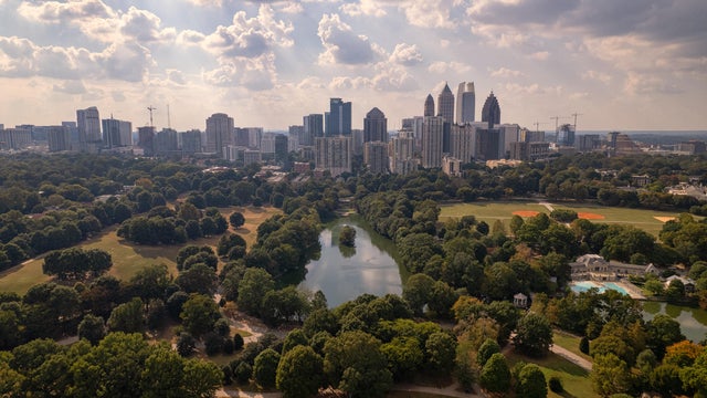 aerial view of Piedmont Park with Atlanta skyline 