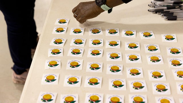 AUSTELL, GA - NOVEMBER 5:  Georgia Voter stickers line a table 