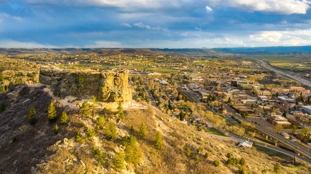 Aerial view of main street downtown Castle Rock 