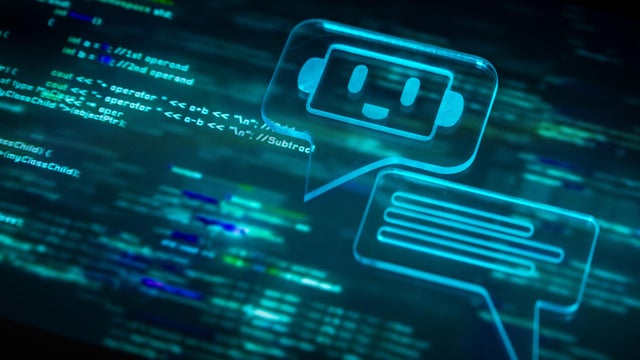 Chatbot communicating with programming code in futuristic interface 